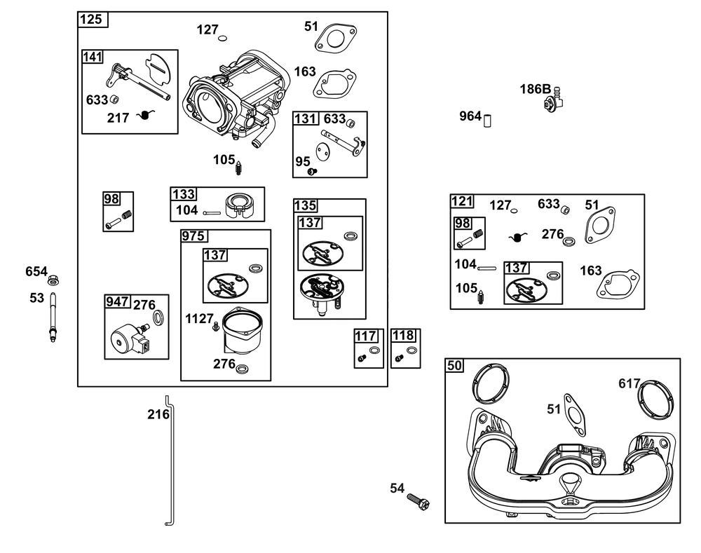 Carburetor Group Diagram and Parts List for 44U877-0016-B5 400000 - 699999 Briggs and Stratton Engine
